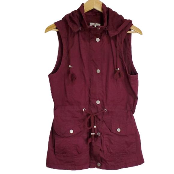 Snobbish Maroon Utility Snap Zip Vest Lined Zip Hooded Medium - Picture 1 of 10